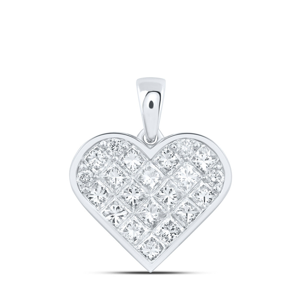 10kt White Gold Womens Princess Diamond Heart Pendant 1-7/8 Cttw