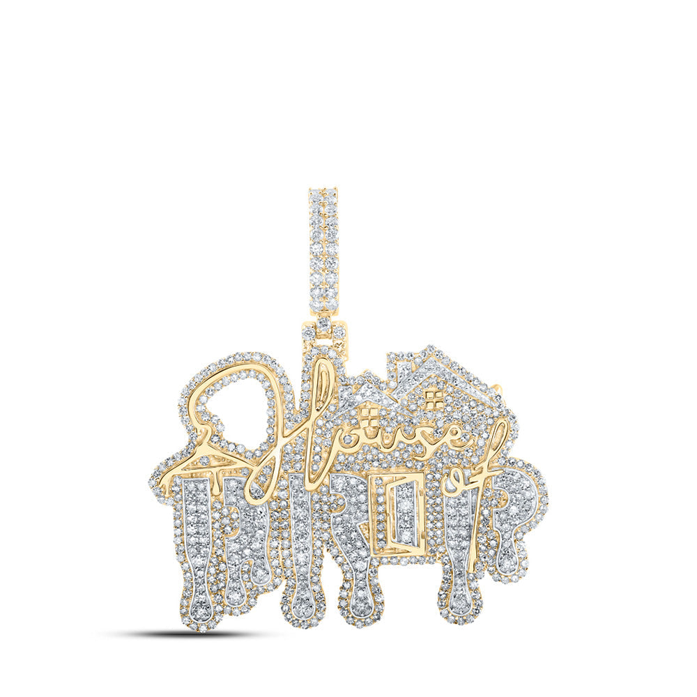 10kt Yellow Gold Mens Round Diamond HOUSE OF DRIP Phrase Charm Pendant 2-7/8 Cttw