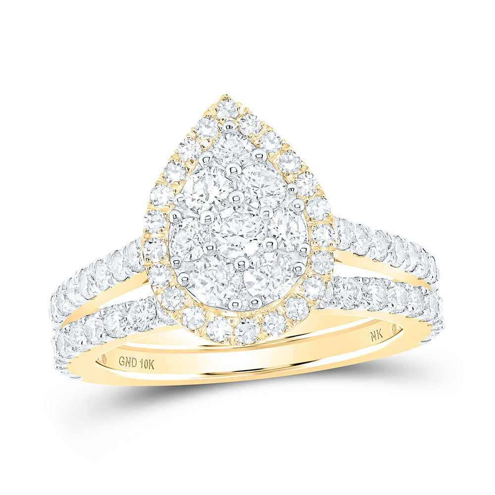 10kt Yellow Gold Round Diamond Teardrop Bridal Wedding Ring Band Set 1 Cttw