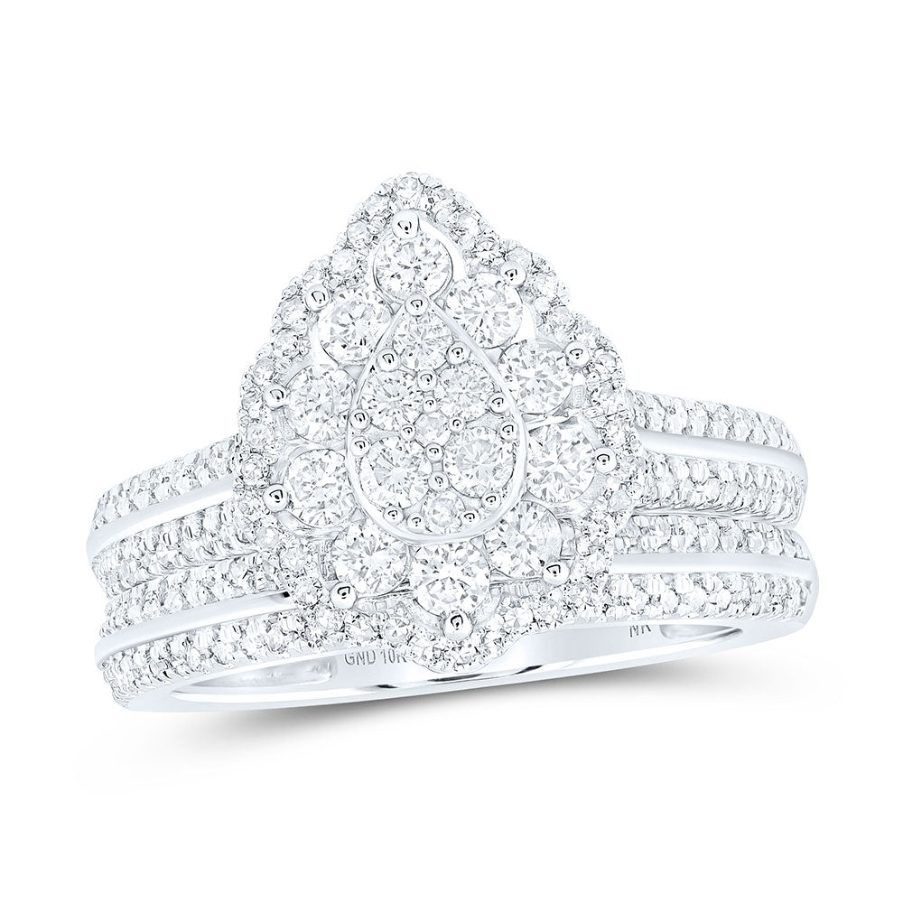 10kt White Gold Round Diamond Teardrop Bridal Wedding Ring Band Set 1 Cttw