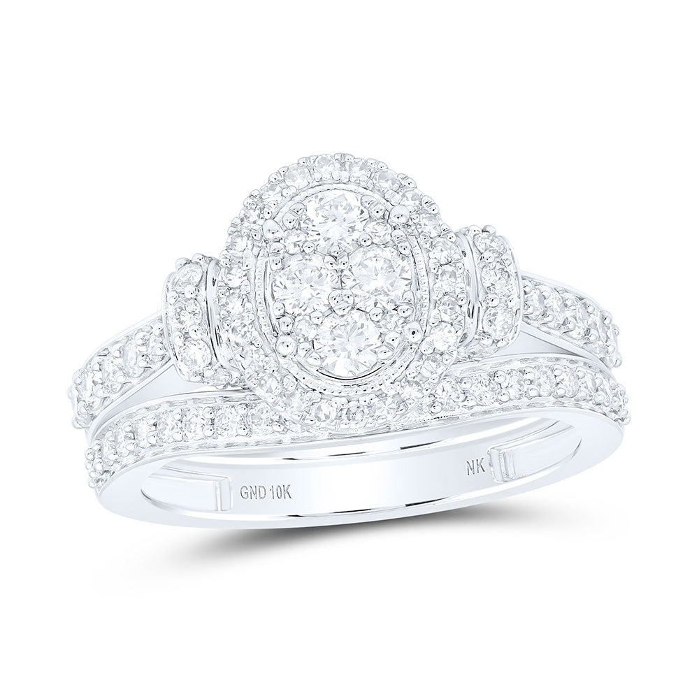 10kt White Gold Round Diamond Oval Cluster Bridal Wedding Ring Band Set 1 Cttw
