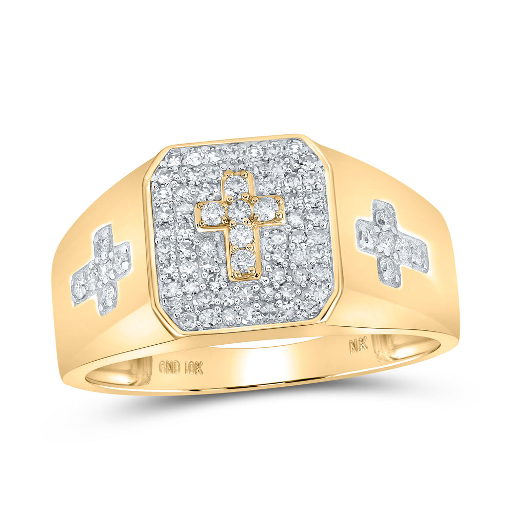 10kt Yellow Gold Mens Round Diamond Cross Ring 3/8 Cttw