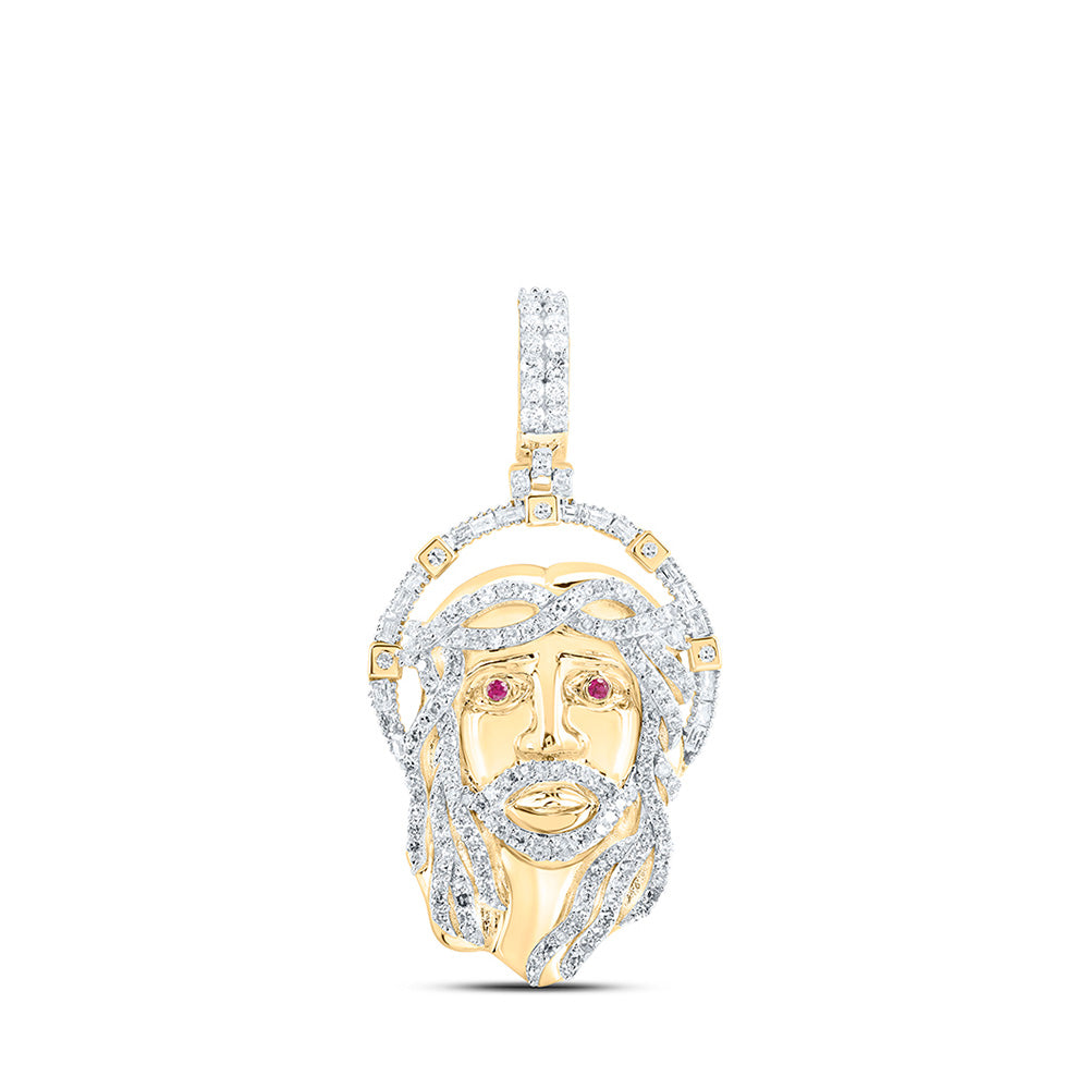 10kt Yellow Gold Mens Round Diamond Ruby Jesus Face Charm Pendant 1 Cttw