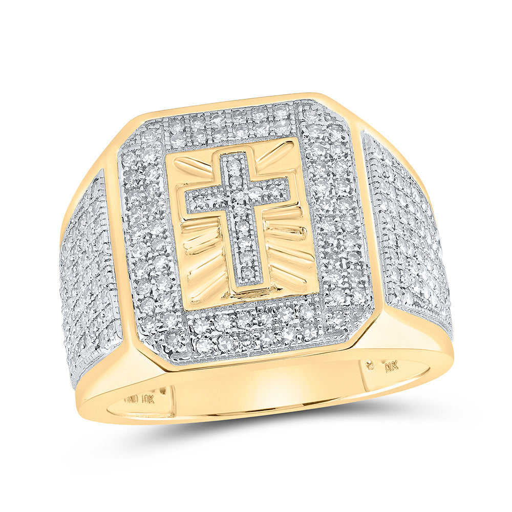10kt Yellow Gold Mens Round Diamond Cross Ring 1-3/8 Cttw