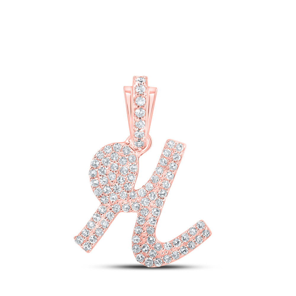 10kt Rose Gold Womens Round Diamond R Cursive Initial Letter Pendant 3/8 Cttw