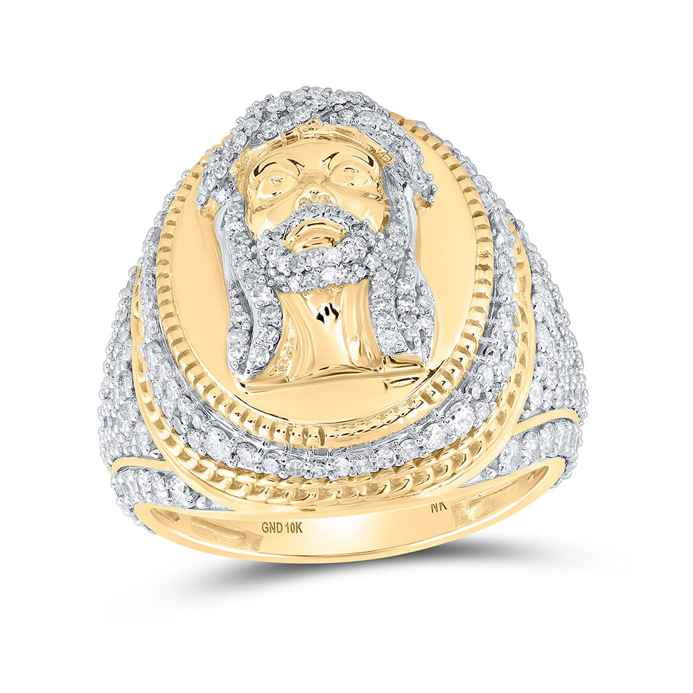 10kt Yellow Gold Mens Round Diamond Jesus Face Oval Ring 2-1/5 Cttw