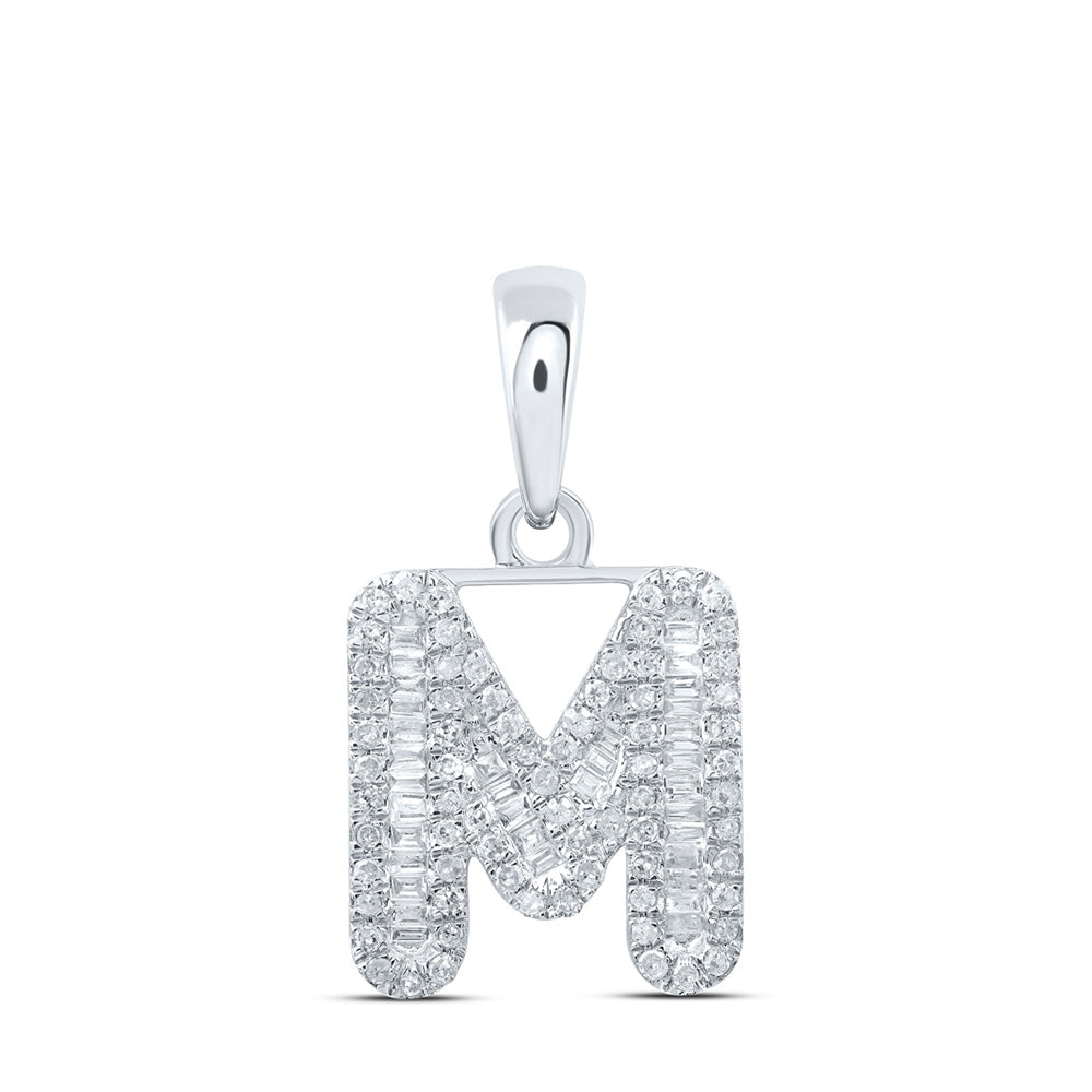 10kt White Gold Womens Baguette Diamond M Initial Letter Pendant 3/8 Cttw