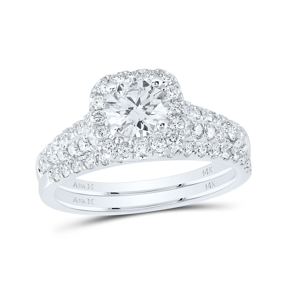 14kt White Gold Emerald Diamond Halo Bridal Wedding Ring Band Set 1-1/2 Cttw