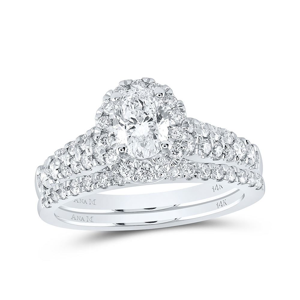 14kt White Gold Emerald Diamond Halo Bridal Wedding Ring Band Set 1-1/2 Cttw