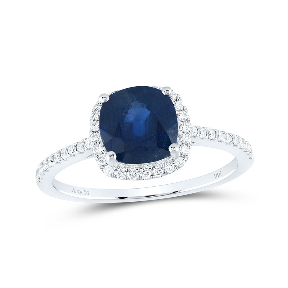 14kt White Gold Womens Cushion Blue Sapphire Diamond Halo Ring 2-1/3 Cttw