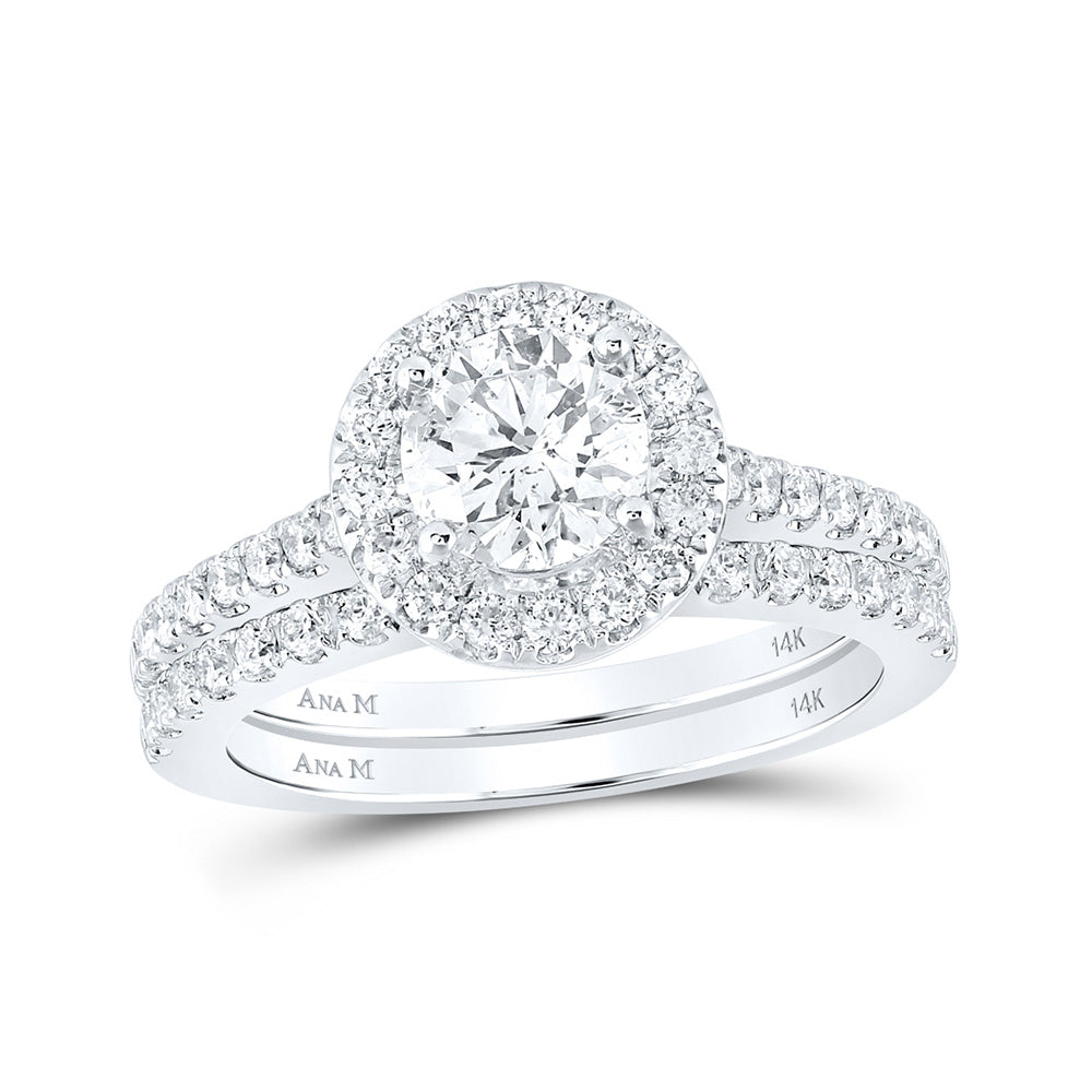 14kt White Gold Round Diamond Halo Bridal Wedding Ring Band Set 1-5/8 Cttw