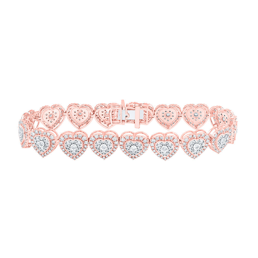 10kt Rose Gold Womens Round Diamond Heart Bracelet 3-7/8 Cttw