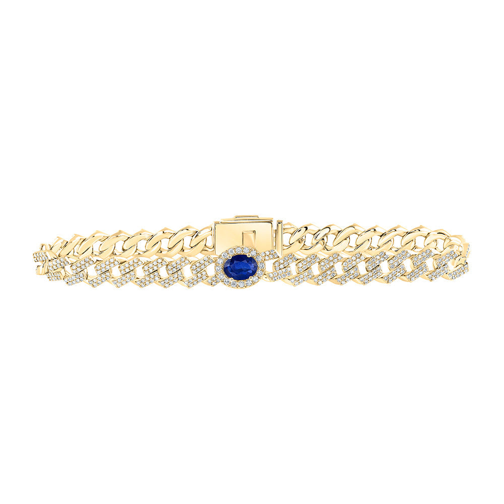 10kt Yellow Gold Womens Oval Blue Sapphire Diamond Cuban Link Bracelet 4-1/5 Cttw