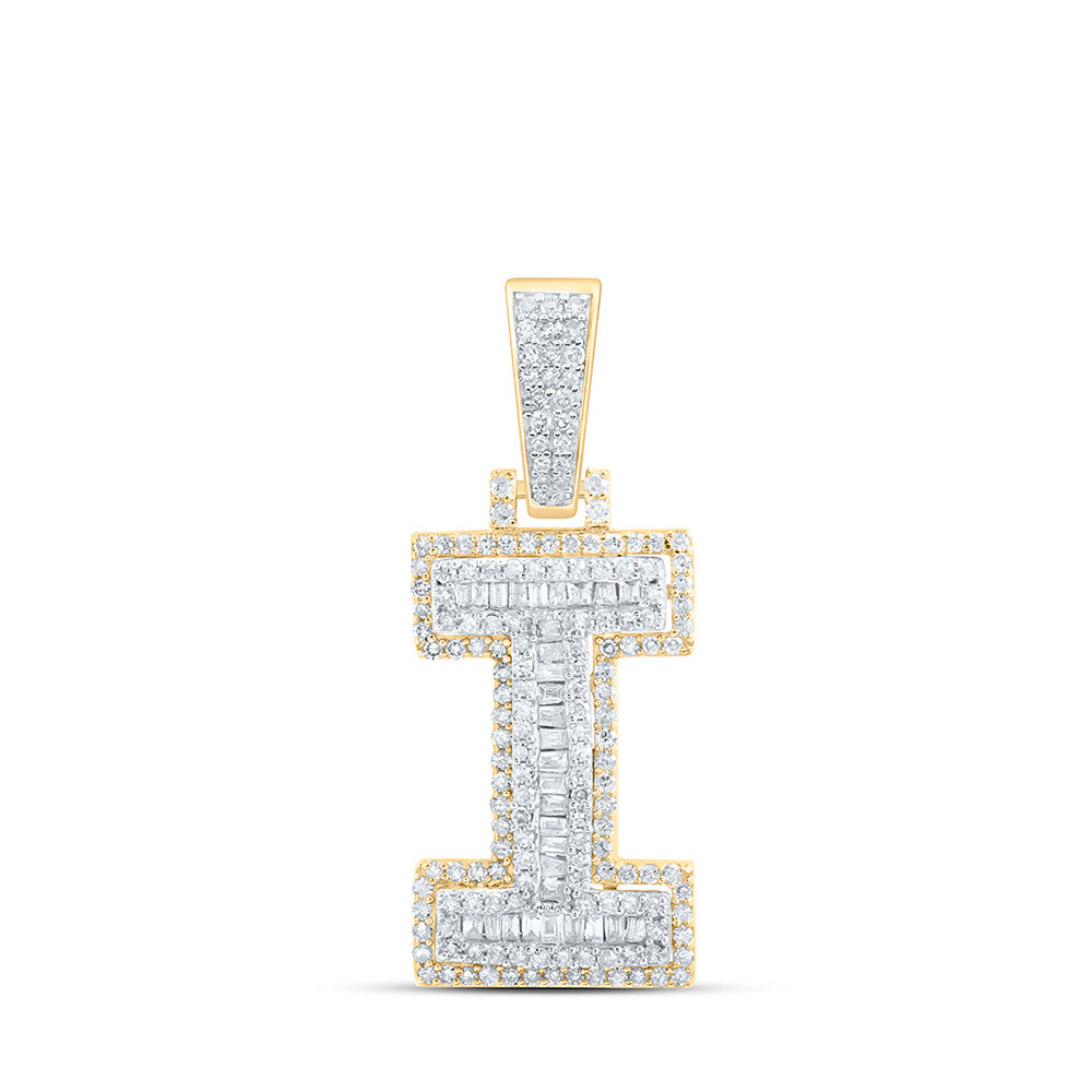 10kt Yellow Gold Mens Baguette Diamond I Initial Letter Charm Pendant 5/8 Cttw
