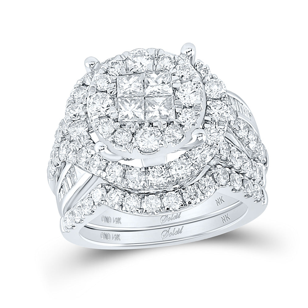 14kt White Gold Princess Diamond Cluster Bridal Wedding Ring Band Set 3 Cttw