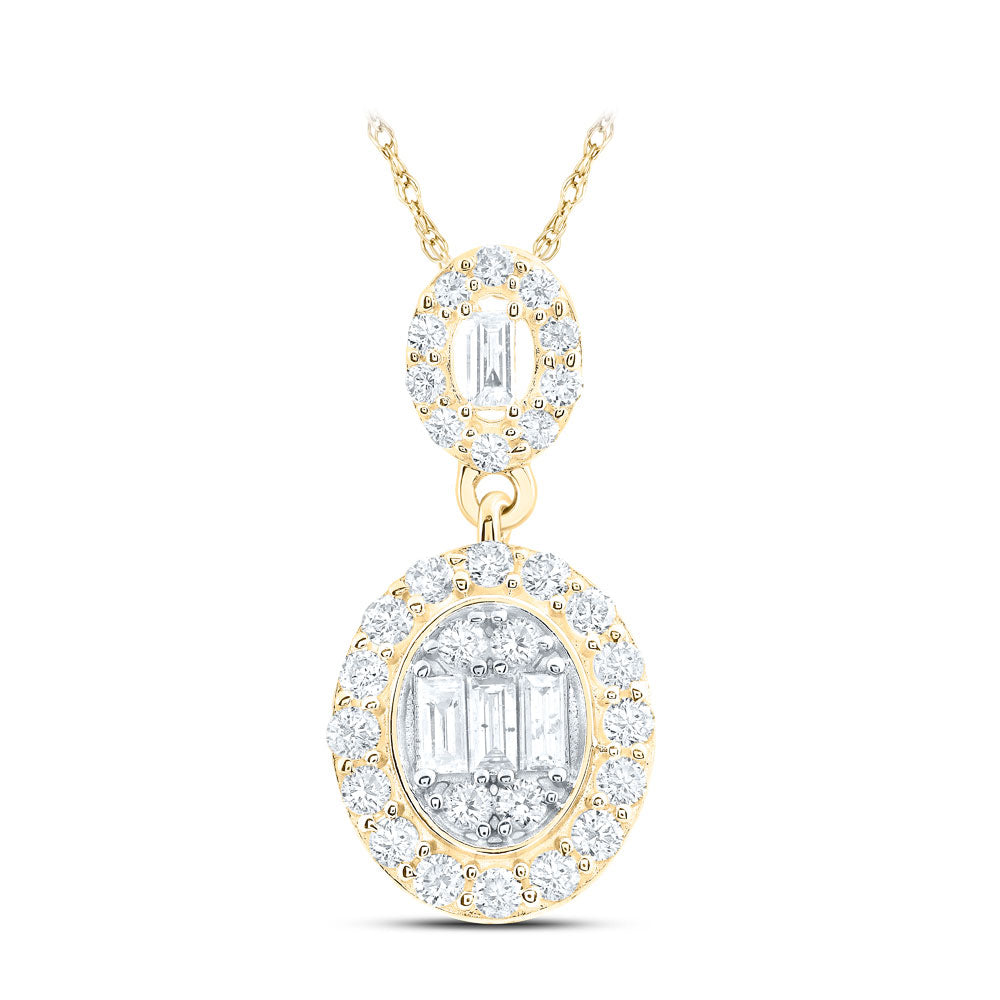 14kt Yellow Gold Womens Baguette Diamond Oval Pendant 5/8 Cttw