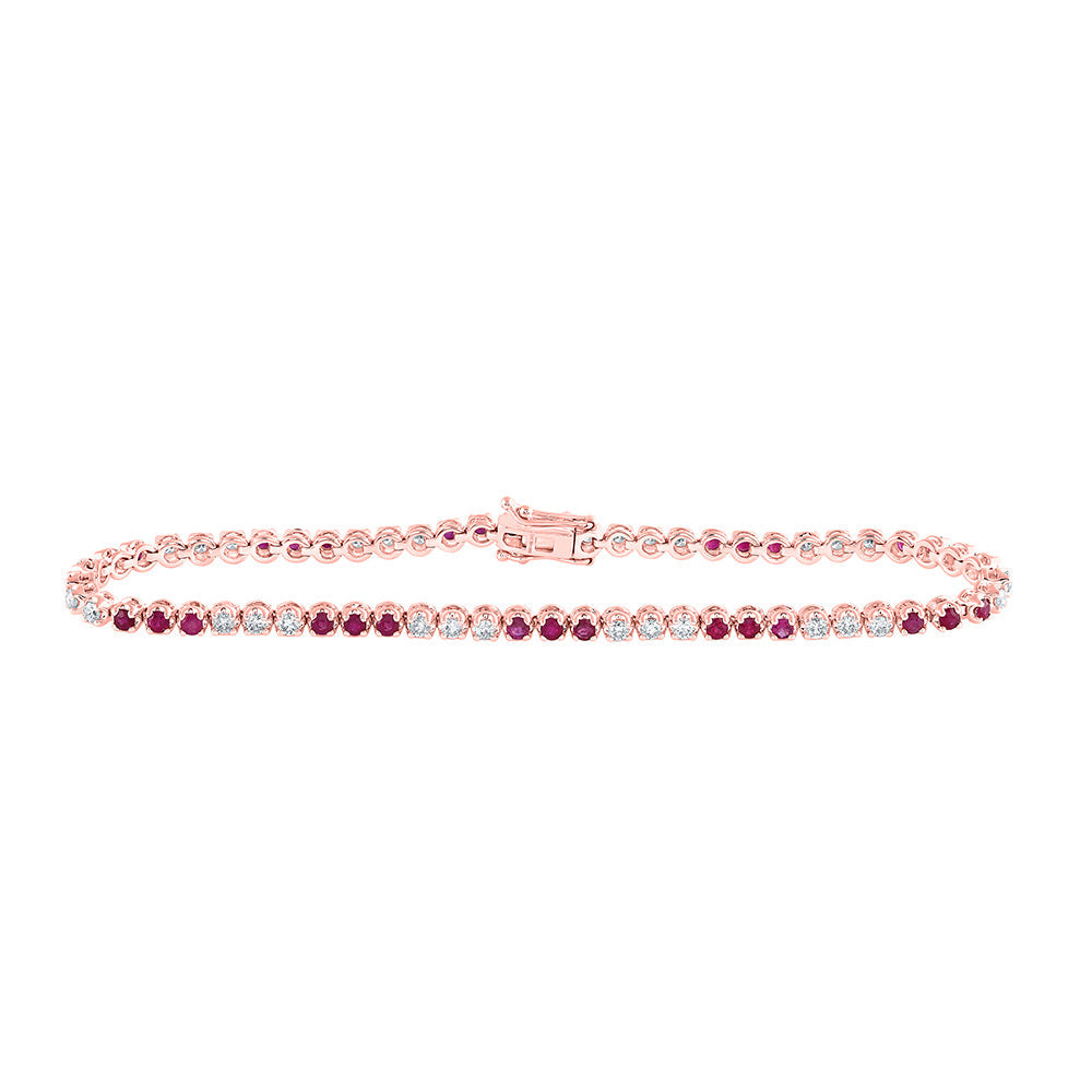 14kt Rose Gold Womens Round Ruby Diamond Single Row Tennis Bracelet 2-1/4 Cttw