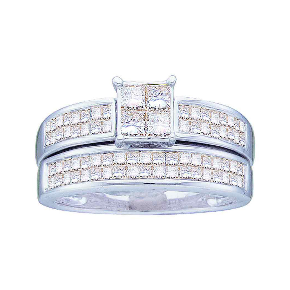 14kt White Gold Princess Diamond Bridal Wedding Ring Band Set 1 Cttw