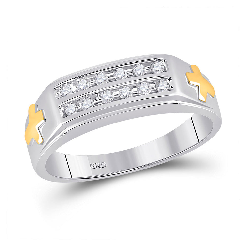10kt Two-tone Gold Mens Round Diamond Cross Wedding Band Ring 1/6 Cttw