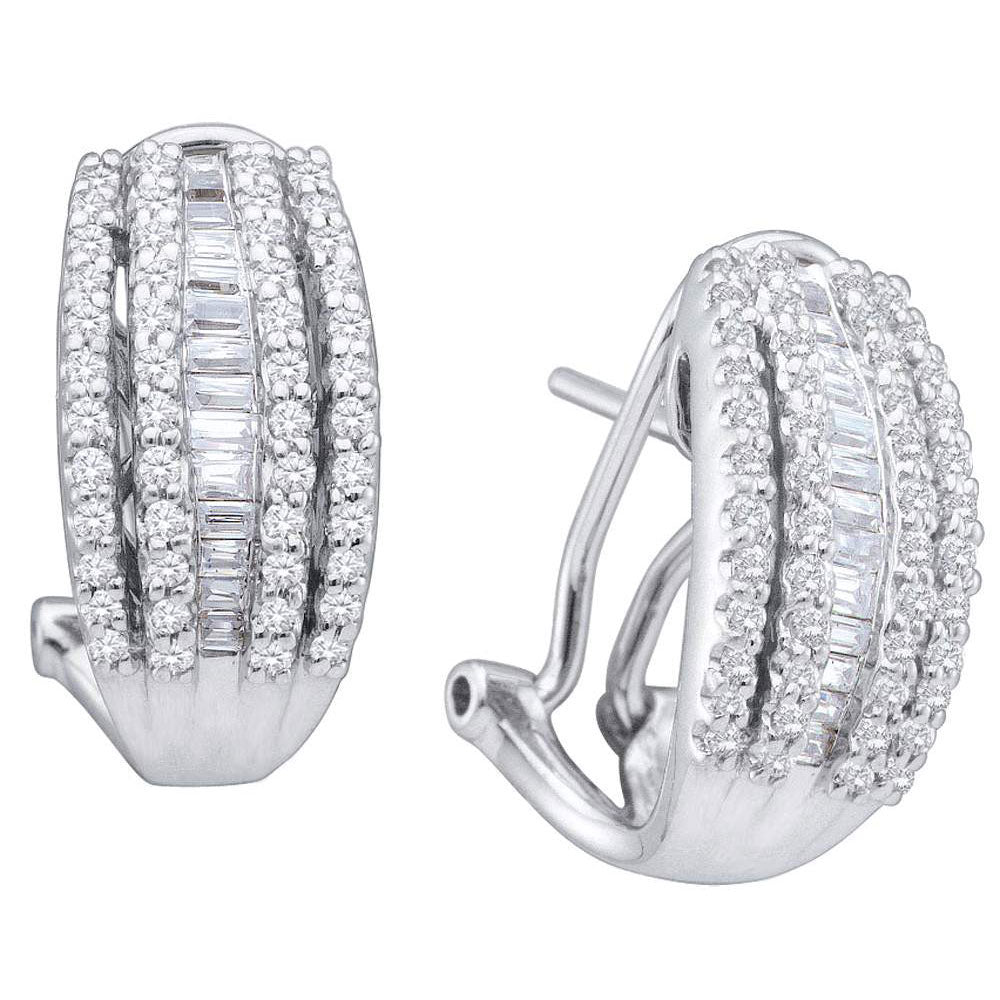 14kt White Gold Womens Baguette Diamond French-Clip Hoop Earrings 1 Cttw
