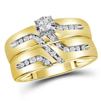 Load image into Gallery viewer, 10kt Yellow Gold His Hers Round Diamond Solitaire Matching Wedding Set 1/4 Cttw
