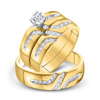 Load image into Gallery viewer, 10kt Yellow Gold His Hers Round Diamond Solitaire Matching Wedding Set 1/4 Cttw
