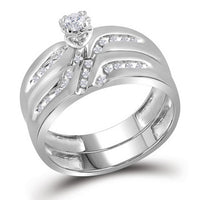 Load image into Gallery viewer, 10kt White Gold His Hers Round Diamond Solitaire Matching Wedding Set 1/4 Cttw
