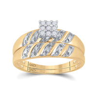 Load image into Gallery viewer, 10kt Yellow Gold His Hers Round Diamond Cluster Matching Wedding Set 1/10 Cttw
