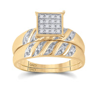 Load image into Gallery viewer, 10kt Yellow Gold His Hers Round Diamond Cluster Matching Wedding Set 1/12 Cttw
