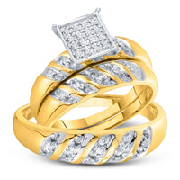 Load image into Gallery viewer, 10kt Yellow Gold His Hers Round Diamond Cluster Matching Wedding Set 1/12 Cttw
