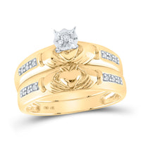 Load image into Gallery viewer, 14kt Yellow Gold His Hers Round Diamond Claddagh Matching Wedding Set 1/8 Cttw
