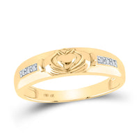 Load image into Gallery viewer, 14kt Yellow Gold His Hers Round Diamond Claddagh Matching Wedding Set 1/8 Cttw
