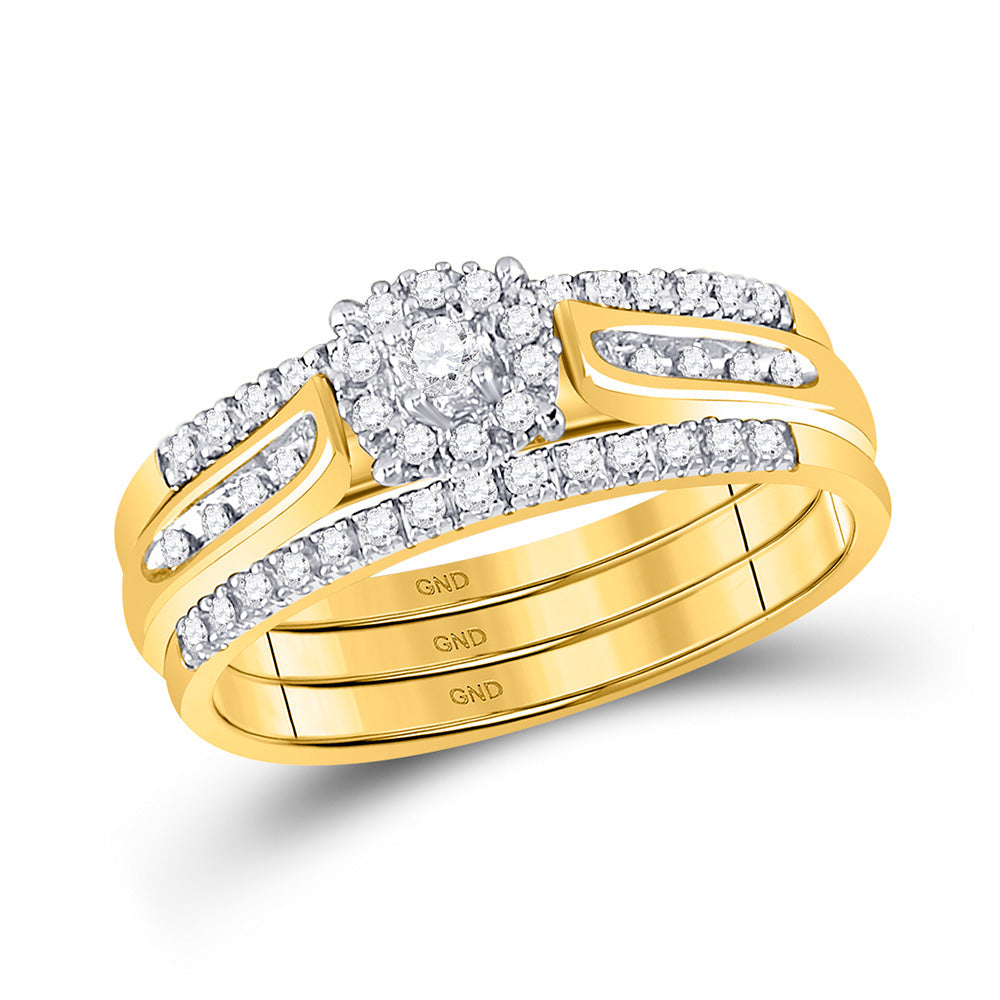 14kt Yellow Gold Round Diamond 3-Piece Bridal Wedding Ring Band Set 1/4 Cttw