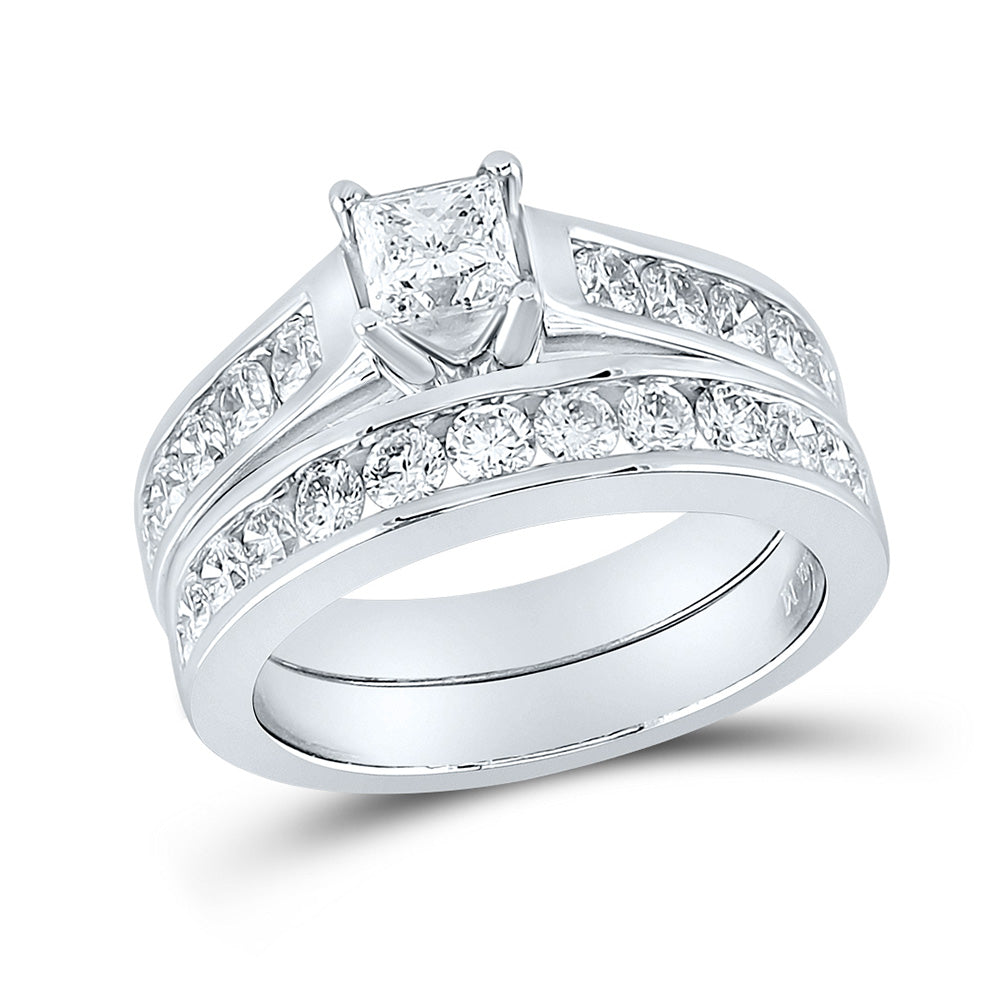 14kt White Gold Princess Diamond Bridal Wedding Ring Band Set 2 Cttw
