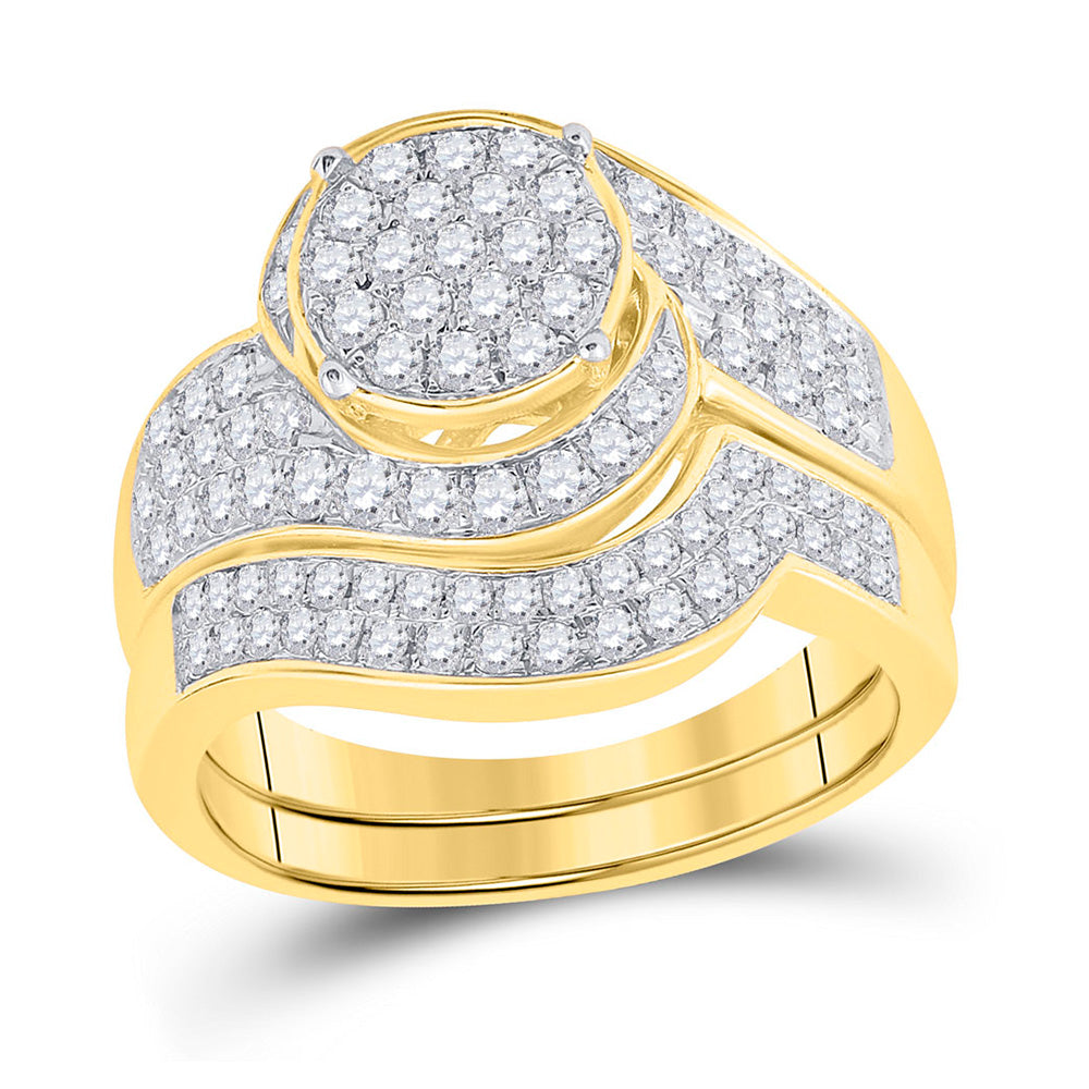 14kt Yellow Gold Round Diamond Cluster Bridal Wedding Ring Band Set 1 Cttw