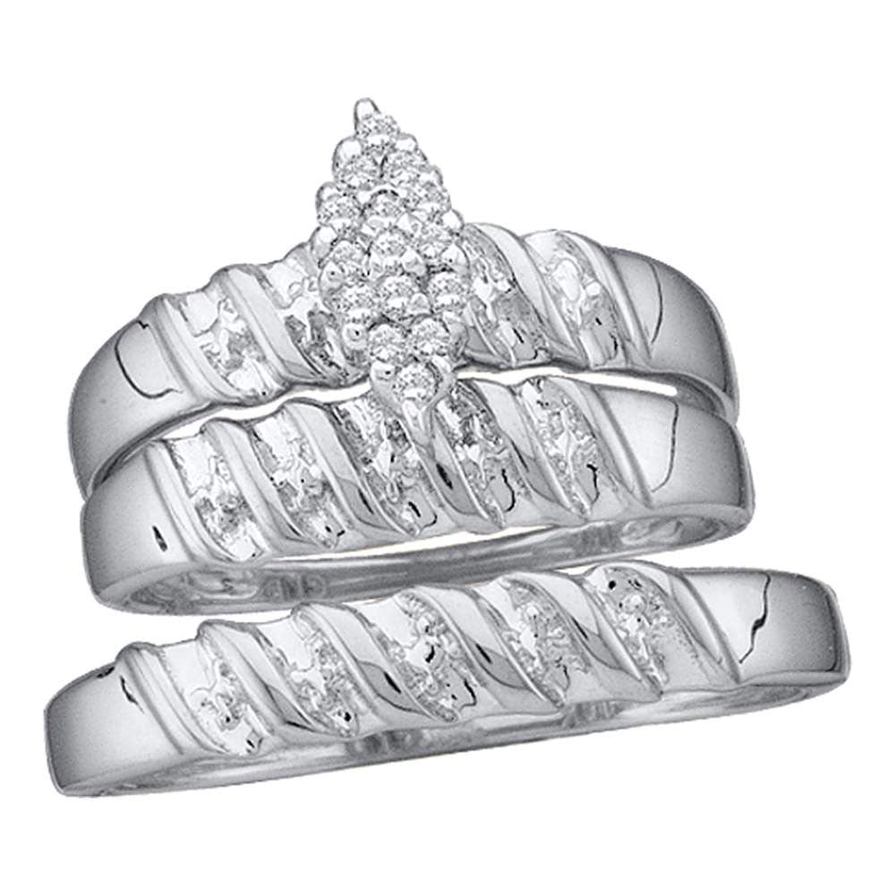 Sterling Silver His Hers Round Diamond Cluster Matching Wedding Set 1/10 Cttw