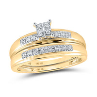 Load image into Gallery viewer, 10kt Yellow Gold His Hers Round Diamond Cluster Matching Wedding Set 1/5 Cttw
