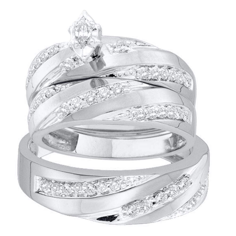 14kt White Gold His Hers Marquise Diamond Solitaire Matching Wedding Set 3/4 Cttw