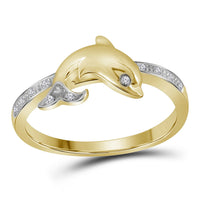 Load image into Gallery viewer, 10kt Yellow Gold Womens Round Diamond Slender Dolphin Animal Fish Ring 1/20 Cttw

