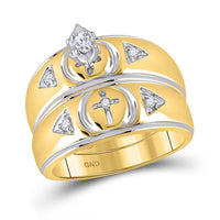 Load image into Gallery viewer, 10kt Yellow Gold His Hers Marquise Diamond Cross Matching Wedding Set 1/6 Cttw
