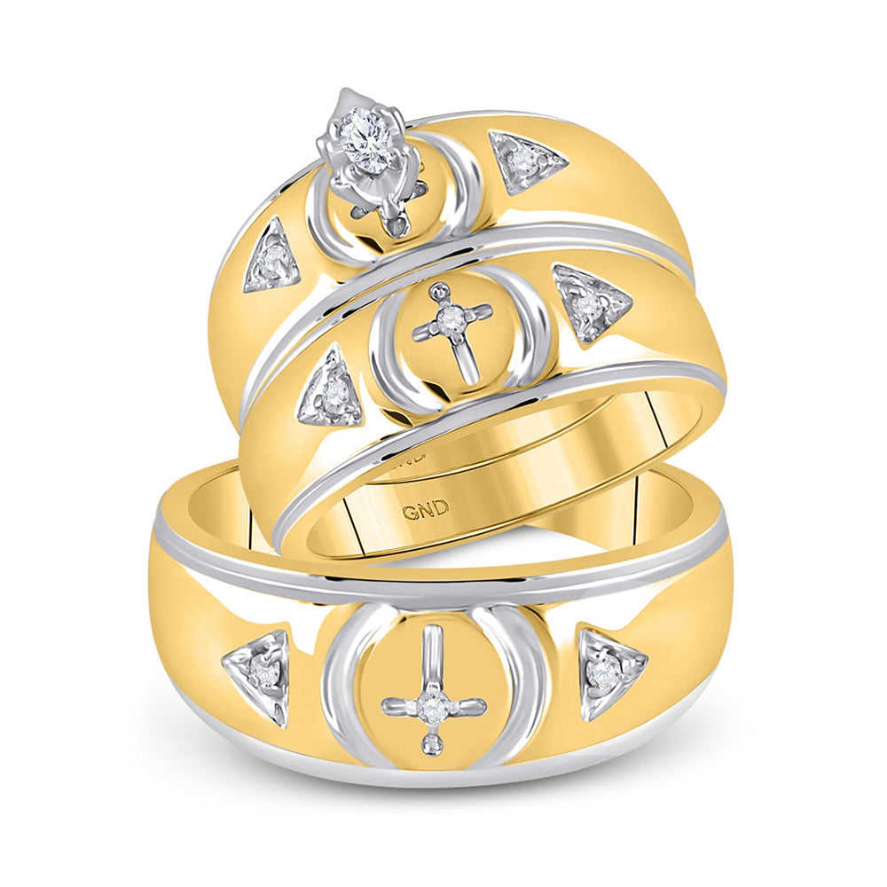 10kt Yellow Gold His Hers Marquise Diamond Cross Matching Wedding Set 1/6 Cttw