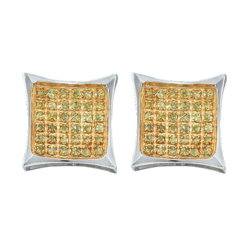 10kt White Gold Womens Round Yellow Color Enhanced Diamond Cluster Earrings 1/6 Cttw