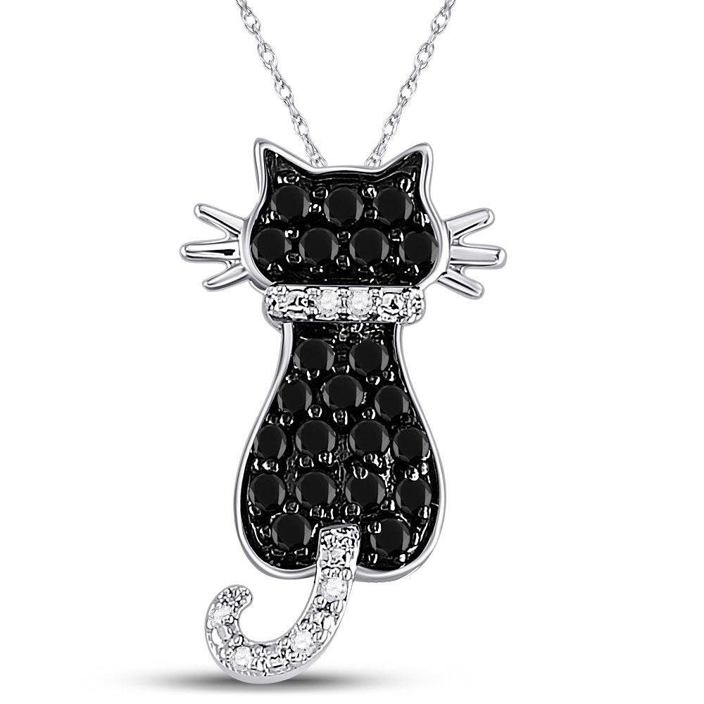 10kt White Gold Womens Round Black Color Enhanced Diamond Cat Animal Pendant 1/3 Cttw