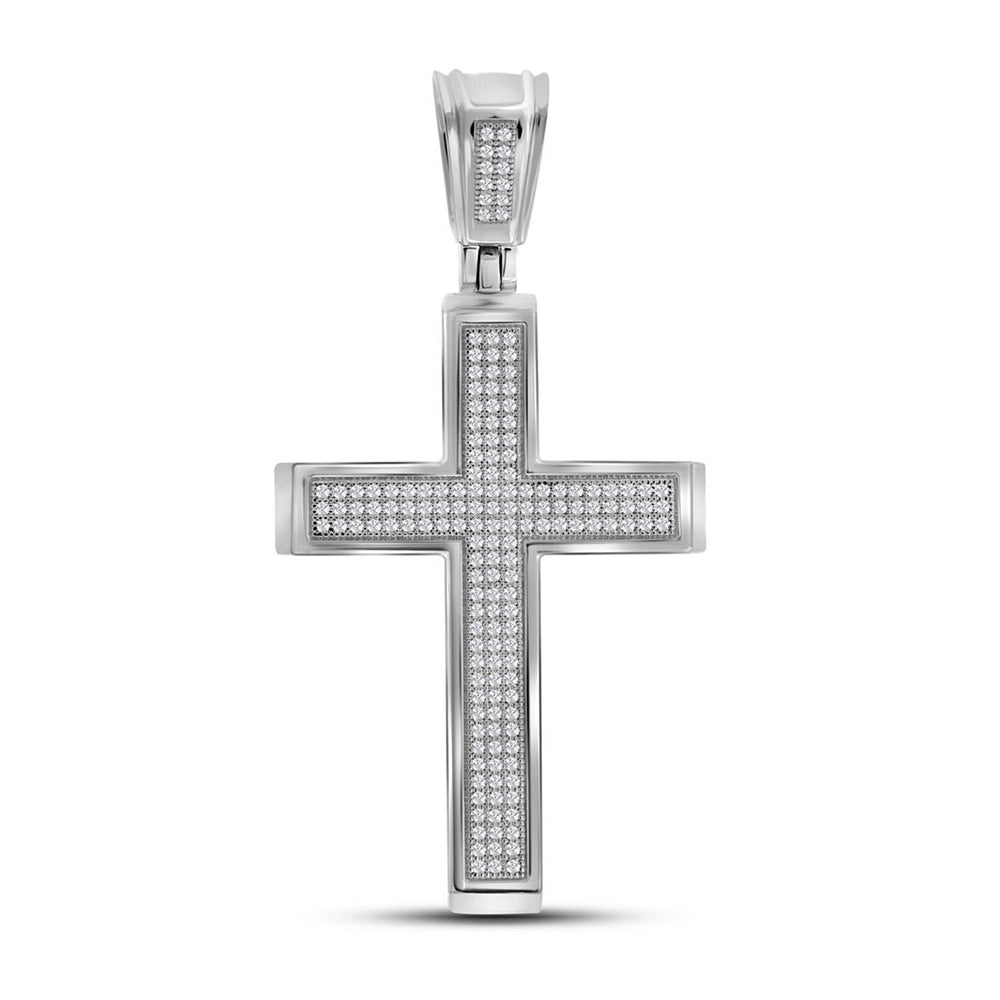 10kt White Gold Mens Round Diamond Roman Cross Charm Pendant 1/2 Cttw