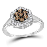 Load image into Gallery viewer, 10kt White Gold Womens Round Brown Diamond Polygon Cluster Ring 1/2 Cttw
