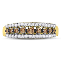 Load image into Gallery viewer, 10kt Yellow Gold Womens Round Brown Diamond Triple Row Band Ring 1/2 Cttw
