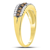 Load image into Gallery viewer, 10kt Yellow Gold Womens Round Brown Diamond Triple Row Band Ring 1/2 Cttw
