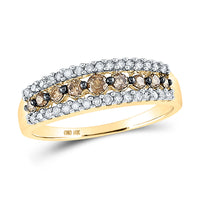 Load image into Gallery viewer, 10kt Yellow Gold Womens Round Brown Diamond Triple Row Band Ring 1/2 Cttw
