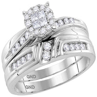 Load image into Gallery viewer, 14kt White Gold His Hers Princess Diamond Cluster Matching Wedding Set 5/8 Cttw
