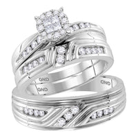 Load image into Gallery viewer, 14kt White Gold His Hers Princess Diamond Cluster Matching Wedding Set 5/8 Cttw
